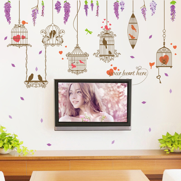 可移除墙贴纸贴画温馨卧室床头客厅沙发电视背景墙装饰紫罗兰鸟笼