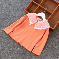 特价 韩版女童儿童宝宝春装蕾丝花边领橘色纯棉女童长袖打底衫T恤