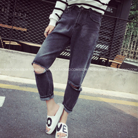 秋装新品韩版时尚破洞深色牛仔裤女个性长裤