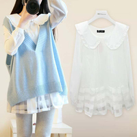 秋冬韩版新款两件套毛衣马甲女甜美针织衫中长款娃娃领衬衣裙套装