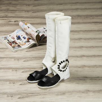 梵莉思欧洲站2015春最新款鞋 鱼嘴弹力布长筒水钻凉鞋 洞洞款女鞋