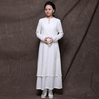 墨一2015新款长裙女白色棉麻中式长袍禅服瑜伽服连衣裙禅修 B017