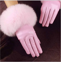 韩版真皮狐狸毛手套女秋冬羊皮手套可爱粉色手套女式加厚保暖