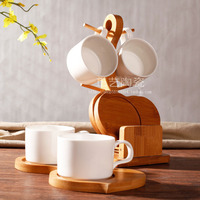 包邮创意高档欧式纯白陶瓷咖啡杯套装配竹木杯架咖啡杯4杯套装