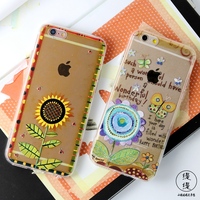 iPhone6s plus手机壳立体向日葵油画浮雕tpu软壳复古挂绳半透明套
