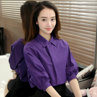 2016春季新款韩版女装套头方领修身显瘦纯色五分袖打底衫衬衫