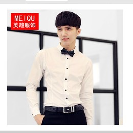 2015秋季新款男士长袖衬衫韩版修身纯色休闲衬衣白色职业正装潮流