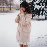 2015韩版甜美学院风牛角扣毛呢外套连帽夹棉中长款呢子大衣女外套