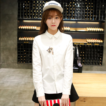 2016春夏韩版文艺女装新款白色长袖衬衫翻领卡通小猫刺绣衬衣