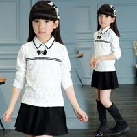 2016春秋款童装韩版中大童白色蕾丝棉T恤儿童长袖上衣女童打底衫