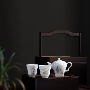 弄子里手绘景德镇新中式陶瓷功夫茶具套装一壶二杯结婚礼物盒