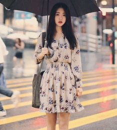韩国甜美气质印花立领单排扣松紧连衣裙