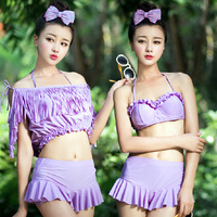 韩国泳衣 女 性感聚拢流苏罩衫分体裙式钢托高腰比基尼三件套泳装