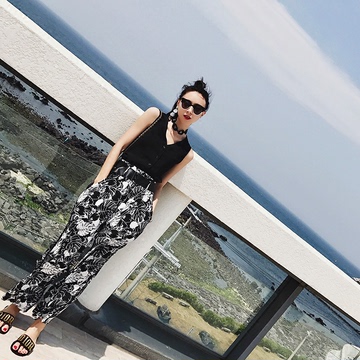 2017夏装新款韩版两件套气质黑色背心印花雪纺阔腿裤时尚套装女潮