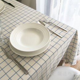 地中海白底蓝格子餐桌布艺 格子防水桌布桌巾高档色织台布茶几布