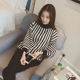 2015冬装韩国新款宽松灯笼袖波浪黑白条纹圆领套头针织衫毛衣女潮