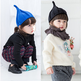 2015韩版秋冬儿童毛线针织帽子宝宝单色潮巫师帽小清新保暖套头帽