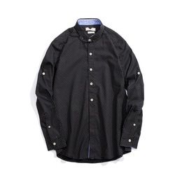 2016新款男韩版修身长袖衬衫黑色拼色圆点翻领两用长短袖厂家直供