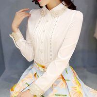 2015秋装新款长袖蕾丝拼接衬衫女修身 韩版显瘦雪纺衫通勤衬衣