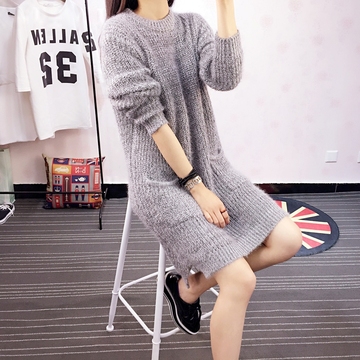 2015秋季新款韩版纯色中长款宽松显瘦打底针织衫毛衣裙女