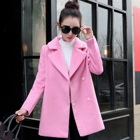 2015韩版秋冬装新款修身显瘦羊绒中长款毛呢大衣女时尚外套 粉色M