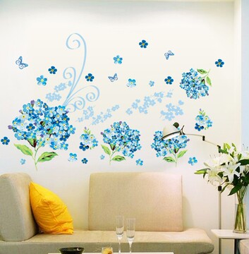 包邮  浪漫蓝色花 墙贴贴画 卧室 客厅 电视橱柜沙发背景墙 贴花