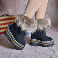 震地王冬季新款女鞋厚底坡跟内增高狐狸毛女靴子12cm松糕跟短靴