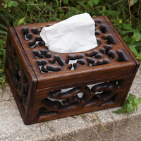 泰国实木纸巾盒家居摆件用品创意复古木质雕花原木抽纸盒欧式风格