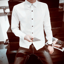 秋季韩版新款男士衬衫长袖男白衬衣休闲寸衫修身纯色青少年打底衫