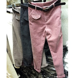 欧洲站冬季潮口袋一粒扣加厚配腰带粉色灯芯绒微跨哈伦裤女小脚裤