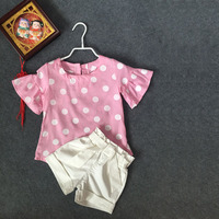 童装夏款女童圆点套装2015新款韩版小香风灯笼袖短袖上衣纯白短裤