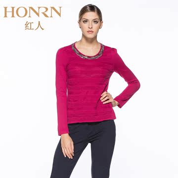 honrn/红人女装 专柜正品领口钉珠立体花针长袖毛衫H24OM081