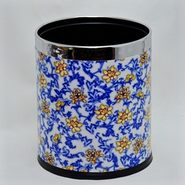 雅洁复古高仿古中式青花瓷皮革家用金属双层垃圾桶欧式创意