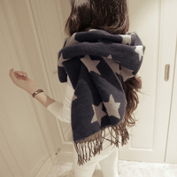 包邮针织五角星星双面围巾女冬季韩国学生潮加厚羊绒空调流苏披肩