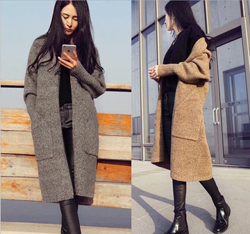 2015秋冬季韩版显瘦中长款加厚毛衣外套女纯色针织开衫宽松毛衣