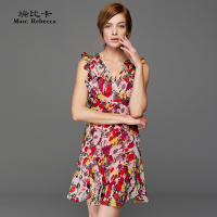 瑞比卡2015夏装新款 V领花瓣袖两件套印花雪纺连衣裙收腰修身显瘦
