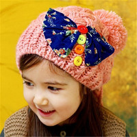 冬季女童毛线帽 大球球针织帽 女童保暖蝴蝶结帽2-10岁女宝宝帽子
