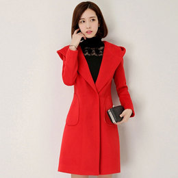 2015冬装新款韩版简约气质纯色连帽呢子大衣中长款毛呢外套女