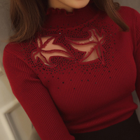 2016秋冬季新款韩版女装性感蕾丝长袖修身针织打底衫半高领弹力毛