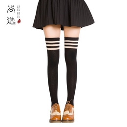 尚选韩国过膝袜子秋冬季女学生日系高筒大腿袜半截条纹长筒黑色白