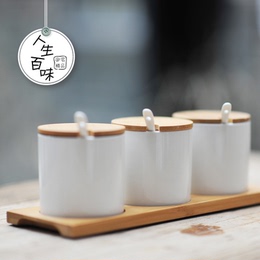 调味罐 三件套 日式 创意调料罐带盖勺糖罐盐罐 陶瓷调味罐套装