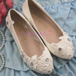 新款手工蕾丝水钻花朵女士平跟高跟单鞋宴会鞋新娘鞋演出鞋伴娘鞋