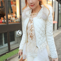 2014冬季韩版女装气质毛毛肩珍珠领短款外套通勤甜美可爱白色棉衣