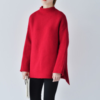 冬季新款中长款半高领套头毛衣女宽松兔毛针织衫 大码韩版大红色