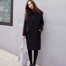 2015冬装新款修身显瘦大码加厚双排扣黑色中长款毛呢大衣外套女潮