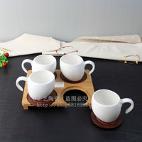 高档陶瓷咖啡杯套装 欧式创意纯白水杯子4杯装带杯架竹木架子包邮