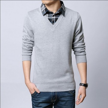 秋季新款韩版青年男士毛衣假两件套头打底针织衫男装大码毛线衣潮