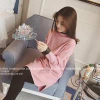 冬装韩版新款纯色蕾丝拼接女针织衫半高领中长款毛衣打底衫连衣裙