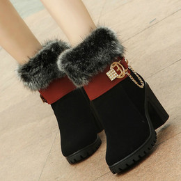 2015冬季韩版粗跟高跟雪地靴女加绒加厚绒面短靴子女短靴保暖棉鞋