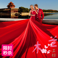 包邮主题服装外景长拖尾婚纱大红色礼服时尚中国风影楼单肩女雪纺
